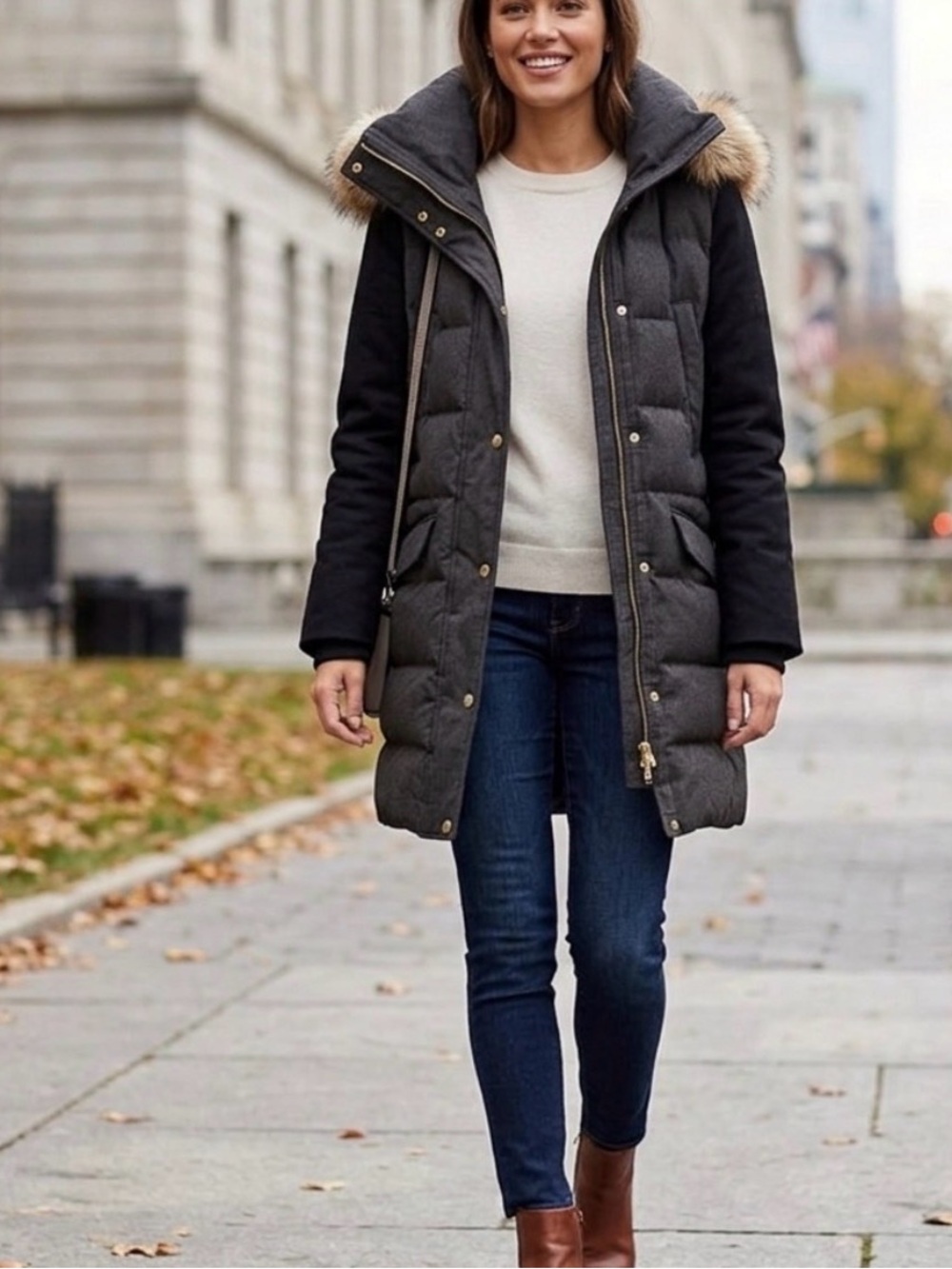 Soia & Kyo Charcoal and Black Quilted Hooded Puffer Coat with Fur Trim